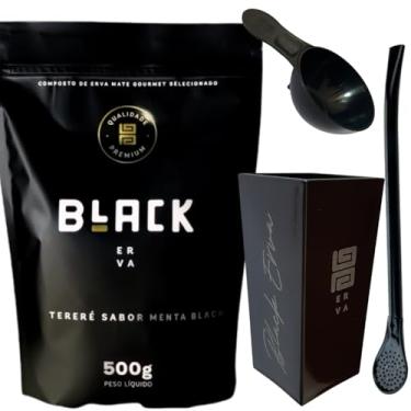 Imagem de Kit Para Tereré Black Erva Mate 500g + Copo Cuia Quadrado Acrílico + Bomba Clássica Preta (MENTA BLACK)