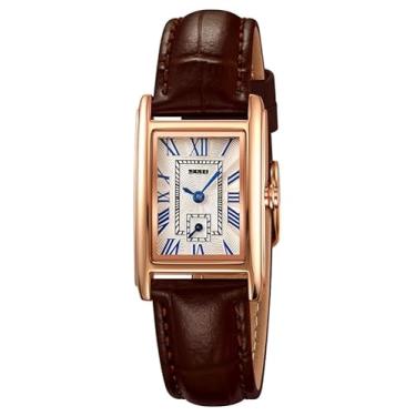 Imagem de Relógio social feminino casual quadrado de quartzo com pulseira de couro genuíno, Marrom, 27mm, Minimalista