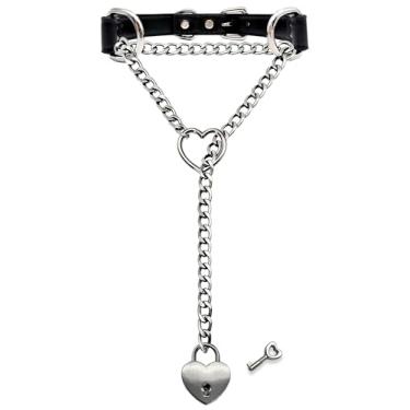 Imagem de EverGlimp Colar gargantilha preta feita à mão para mulheres, colar longo punk gótico de coração, fivela ajustável e cadeado de coração com chave