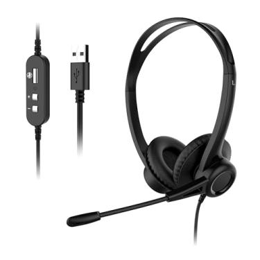 Imagem de VOXii Fone de ouvido USB WHO1, fones de ouvido com fio para computador com microfone com cancelamento de ruído, controles de volume e mudo em linha para laptops, PC, home office, aula on-line,