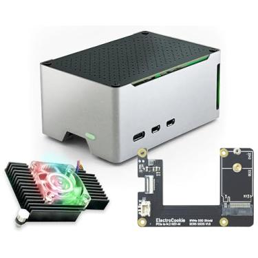 Imagem de ElectroCookie Capa para Raspberry Pi 5, capa compacta de alumínio com M.2 NVMe SSD PCIe HAT e cooler de iluminação RGB ativo (capa preta + chapéu M.2 [SSD ECR5])