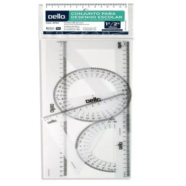 Imagem de Dello Conjunto Desenho Geométrico 5 Peças PP - Régua 30cm, Transferidores e Esquadros
