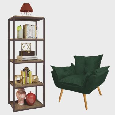 Imagem de Kit Poltrona Fatte com Estante Livreiro Ferro Marrom mdf Freijó Suede Verde Musgo - Ahazzo Móveis