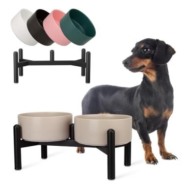 Imagem de Conjunto de tigelas elevadas de cerâmica para cães - Pratos duplos elevados com suporte de aço inoxidável - Tigelas de comida e água para cães pequenos a médios - cada uma comporta 2 xícaras (850 ml
