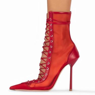 Imagem de USRUNOE Sandálias femininas de malha bico fino salto alto com cadarço botas de verão para dança de salão botas de dança de salão sexy bico fechado, Vermelho, 40