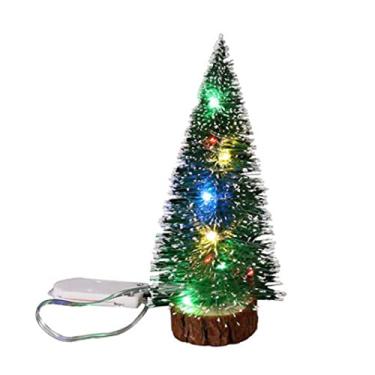 Imagem de Árvore de Natal artificial, pequena árvore de Natal, mini árvore de Natal com luz LED, base de madeira artificial, alimentada por bateria, pinho branco, decoração de mesa para fotografia de escritório