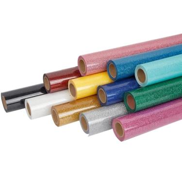 Imagem de FUNKAKA Pacote de vinil HTV de transferência de calor com glitter, 12 rolos de 30,5 cm x 1,5 m de vinil para camiseta 12 cores sortidas Glitter HTV vinil para todas as máquinas de corte fácil de