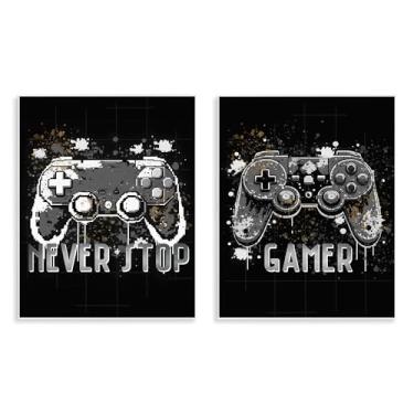 Imagem de Stupell Industries Conjunto de arte de placa de parede com frases de controle de jogador moderno, design de Kim Allen, 28 x 35 cm