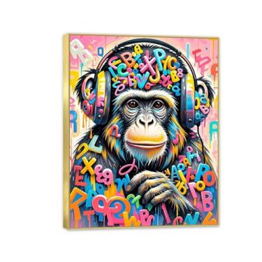 Imagem de Macaco gorila animal pintura inspiradora imagens pôsteres impressões arte macaco com fones de ouvido DJ banksy tela arte de parede para sala de estar escritório decoração de parede 80 x 60 cm