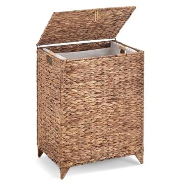 Imagem de Cesto de roupa grande com tampa, cesto de roupas de vime de jacinto tecido à mão com saco de forro removível, cesto de roupa de vime com pés elevados para banheiro, quarto, sala de estar e lavanderia