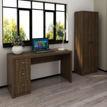 Imagem de Conjunto Home Office 2 Peças Escrivaninha 3 Gavetas Com Armário 2 Portas Espresso Móveis Nogal