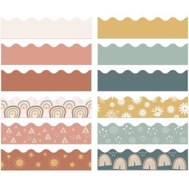 Imagem de Geyee 240 peças de bordas de quadro de avisos de 72 metros colorido arco-íris recortado borda guarnição de boletim em massa decoração de sala de aula de volta às aulas (estilo amarelo marrom)