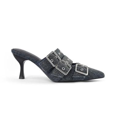 Imagem de AIUZO Sandálias femininas de salto jeans mules bico fino fechado salto alto stiletto sem cadarço frente única, Azul, 38