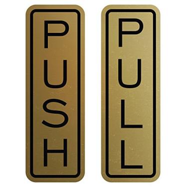 Imagem de All Quality Placas de porta push pull verticais clássicas - letras gravadas a laser | Plástico ABS durável | Fita adesiva de espuma dupla face (ouro escovado) - Pequena