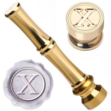 Imagem de CRASPIRE Carimbo de cera X Carimbo de lacre 15 mm ouro metal latão retrô vintage alfabeto inicial mini selos com alça em forma de bastão de bambu para embalagem de cartão de Natal de convite de