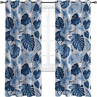 Imagem de Cortinas blackout de folhas para quarto - Cortinas escurecidas com isolamento térmico com ilhós para sala de estar, três camadas trançadas, L 213 cm x C 236 cm azul claro turquesa e azul escuro