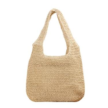 Imagem de SHAREYOIU Bolsa de praia retrô de verão, bolsa de mão de vime, macia, grande, de palha, bolsa de ombro boho com alça de palha, Bege, 15.5''x 23.6''