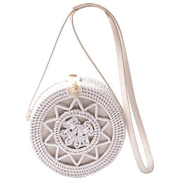 Imagem de SHAREYOIU Bolsas brancas feitas à mão com ombros de vime, natural, chique, estilo tropical de praia com alça de couro, Flor, Big，7.87x 3.2 inch