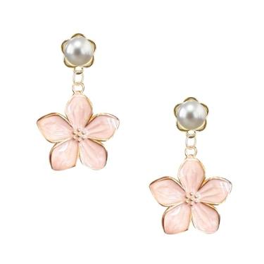 Imagem de QIAOLEHUI Brincos de flor de pérola para mulheres, brincos florais de liga metálica com brincos banhados a ouro de pérola sintética hipoalergênicos para mãe e noiva, Large, Liga de aço, Sem pedra