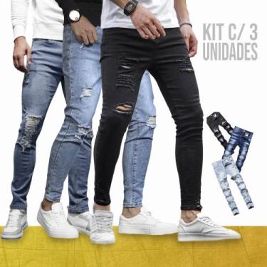 Imagem de Kit C/3 Calças Jeans Rasgadas Skinny Masculina Homem Slim 480 - IRON, 