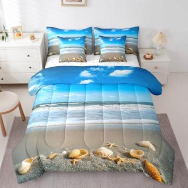 Imagem de Feelyou Conjunto de edredom com tema de praia, 7 peças, estrela do mar, concha, oceano, mar, natureza, verão, férias, cama, bolsa com edredom, lençóis, fronhas e capa de almofada