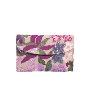 Imagem de Bolsa feminina floral com bordado de verão com lantejoulas exclusivas para noite de casamento praia colorida, Roxa