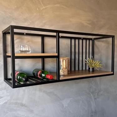 Imagem de Prateleira Suspensa Industrial para Parede, Metal e Madeira, 120 cm, com Suporte para Vinhos, Preta