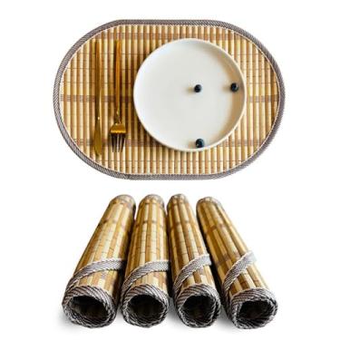 Imagem de Tapetes de mesa ovais naturais, jogo americano de bambu, resistente ao calor, antiderrapante, decoração para mesa de jantar interna e externa (conjunto de 4, 30 x 45 cm)