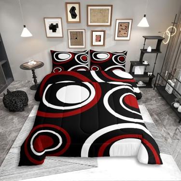 Imagem de Erosebridal Conjunto de cama solteiro listrado vermelho preto para adultos, mulheres, homens, moderno, círculo, abstrato, linhas de graffiti, conjunto de edredom minimalista, estético, boêmio