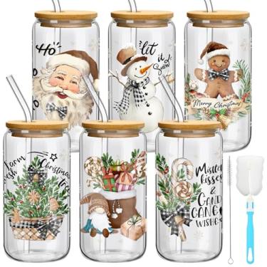 Imagem de Yetene Conjunto de 6 copos de vidro de Natal preto branco xadrez buffalo, decoração de Natal, 473 ml, copos de café gelado com tampas e canudos, 2 pincéis para smoothie café gelado, leite, cerveja