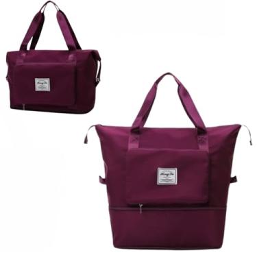 Imagem de Bolsa de Viagem Expansível Leve Dobrável com Alça Ajustável e Vários Bolsos, Grande Capacidade, Impermeável, Bolsa para Bagagem de Mão, Mala Esportiva de Academia Treino (VINHO)
