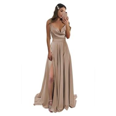 Imagem de Vestido de baile Monvelli com gola alta de cetim com bolsos, cinza, ev