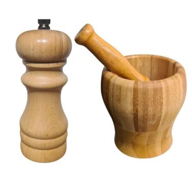 Imagem de Kit Moedor Manual De Pimenta E Sal Grosso + Pilão Com Socador Em Madeira Bambu