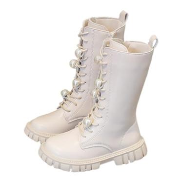 Imagem de Botas de inverno de cano alto com cadarço de couro para meninas pequenas botas de equitação de combate de cano médio preto (bebê/criança pequena/criança grande), Branco, 11.5 Little Kid