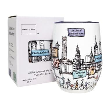 Imagem de Beary Blu Cidades ao redor do mundo Série de copos de 355 ml - Projetado nos EUA - Copo isolado a vácuo com tampas - Caneca de viagem de aço inoxidável para vinho e café, água, para bebida quente e