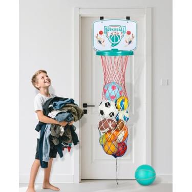Imagem de Cesto de basquete para crianças – Cesta de roupa suja divertida sobre a porta com bola – Construa bons hábitos cedo e mantenha o chão arrumado (verde)