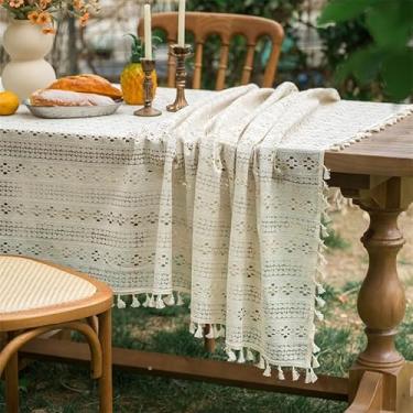 Imagem de AMZALI Toalha de mesa de crochê bege com borlas Boho bordada toalha de mesa retangular linho design floral capas de mesa para festa aniversário toalha de mesa de jantar 139,7 cm x 213,4 cm