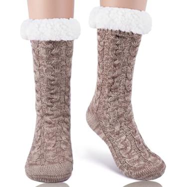 Imagem de HONGTEYA Pantufas femininas de Natal, meias felpudas de inverno, grossas e quentes, com aderência, forro de lã macio e aconchegante, presentes de Natal, Marrom-1, One Size