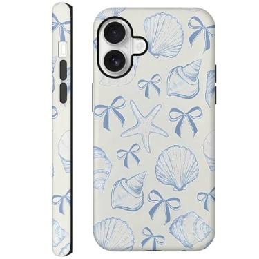 Imagem de CAINAT Capas estéticas para iPhone 16, design de concha de laço azul, capa protetora híbrida rígida de 2 camadas para mulheres e meninas