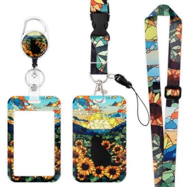 Imagem de Protetor de cartão de identificação com etiqueta de nome girassol, cordões de gato preto para crachás, suporte de crachá com carretel retrátil, carretel de crachás de desenho animado com clipe