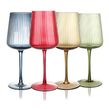 Imagem de WeirdUncle Taças de vinho com nervuras sopradas à mão com haste, copos de cristal sem chumbo, presente de luxo, conjunto de 4, taça de vinho premium exclusiva de 510 g, grande capacidade, design