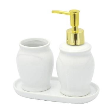 Imagem de Kit Banheiro Lavabo Branco Dispenser 3 Peças 4501 Dourado