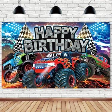 Imagem de Pano de fundo de carro monstro feliz aniversário 70,8 x 43,3 polegadas com tema de caminhão decorações de festa off-road veículo corrida carro fundo caminhão fã reunião cabine adereços