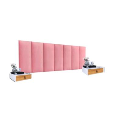 Imagem de 2 Mesas De Cabeceira Mdf + Cabeceira 1,60 Rosa Para Cama Queen Modular Com Adesivo (Pérola/Nature - Rosa)