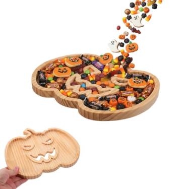 Imagem de Bandeja de prato de charcutaria de abóbora de madeira: bandeja de doces para decoração de dia das bruxas para lanche de carne de frutas