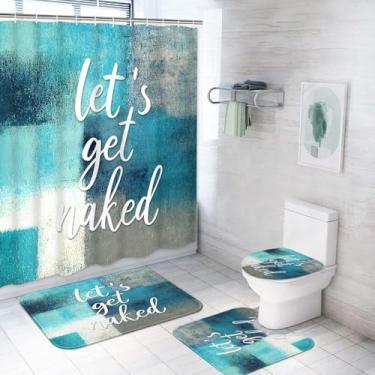 Imagem de ArtSocket Conjunto de cortina de chuveiro abstrata moderna com pintura azul-petróleo turquesa 4 peças Let's Get Naked decoração de banheiro com tapetes, tapete antiderrapante, tampa de vaso sanitário