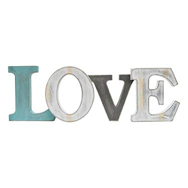 Imagem de E-view Letras de madeira placa decorativa bloco de madeira placas independentes palavra recorte envelhecido azul-petróleo placa para prateleira mesa manto pendurado ornamento rústico decoração de casa