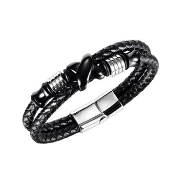 Imagem de Rockyu Acessórios Pulseira masculina de aço inoxidável, couro legítimo, preta, multicamadas trançadas, circulares, fileiras duplas, couro legítimo, acessório de moda para festa