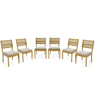 Imagem de Kit Com 6 Cadeiras Milena Madeira Maciça Assentos Estofados Encostos De Tela Palha Sextavada