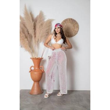 Imagem de Calça De Praia Feminina Croche Tricot Pantalona Saida Verão - Calu Tri